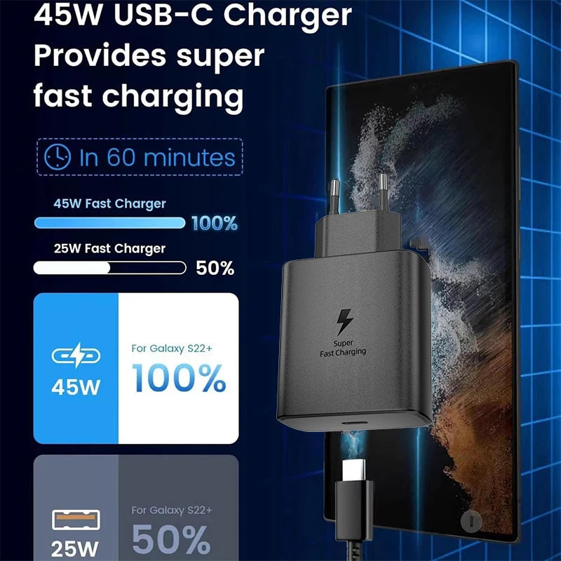 SAMSUNG Charger PD 45W Super Fast Charging Original EU Wall Charger 5A Type C Cable Galaxy S25 S24 S23 S22 Ultra A54 A53 Note20