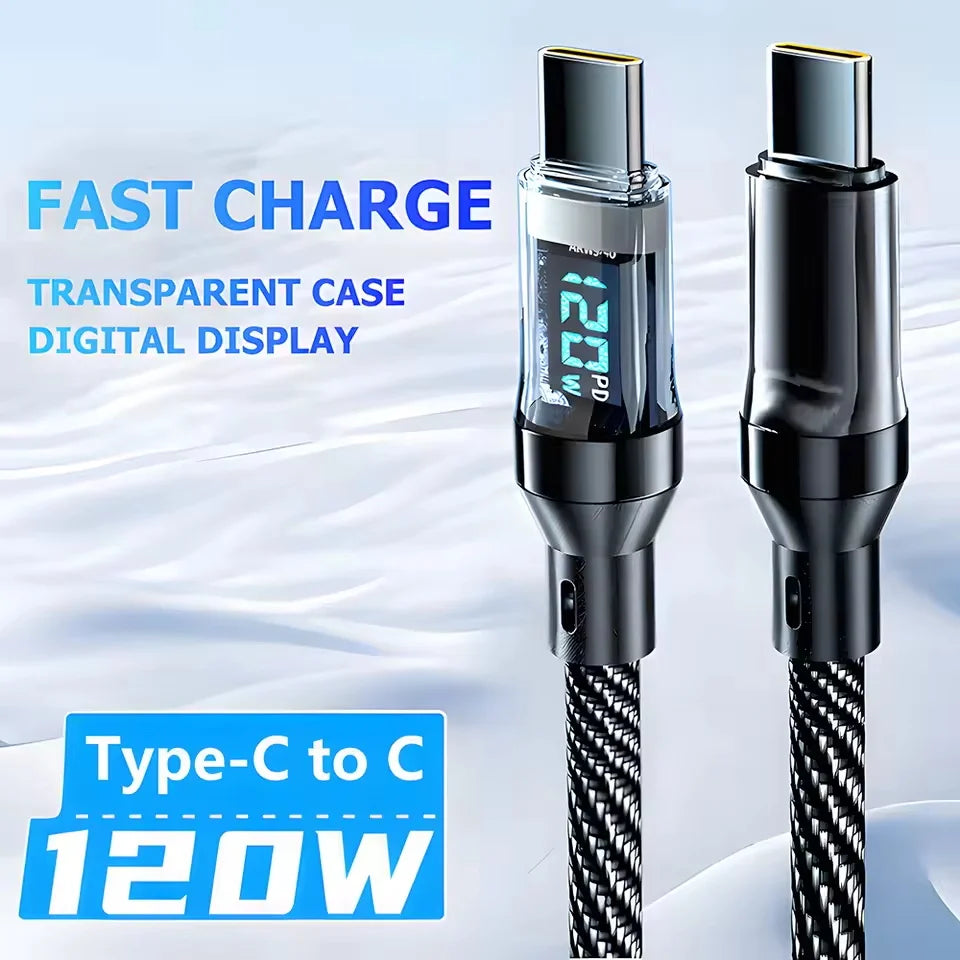 120W Type C Fast Charging Cables 6A USB to Type C Data Cord For Samsung Xiaomi ONEPLUS POCO With Led Digital Display USB C Cable