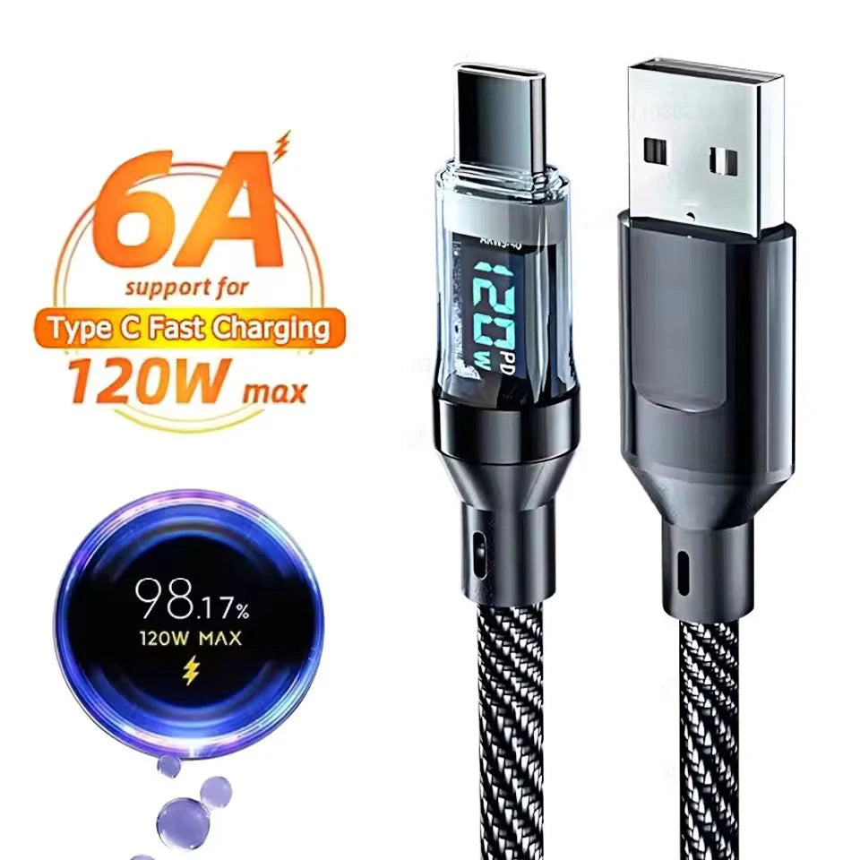 120W Type C Fast Charging Cables 6A USB to Type C Data Cord For Samsung Xiaomi ONEPLUS POCO With Led Digital Display USB C Cable