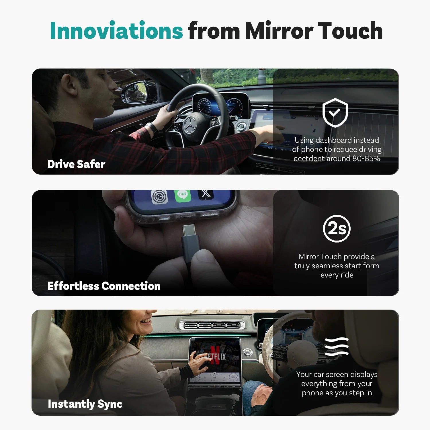 Ottocast Mirror Touch Wireless CarPlay Bi-Directional Control Car Accessories Video Box for iOS & Android Mirroring VW Audi Benz