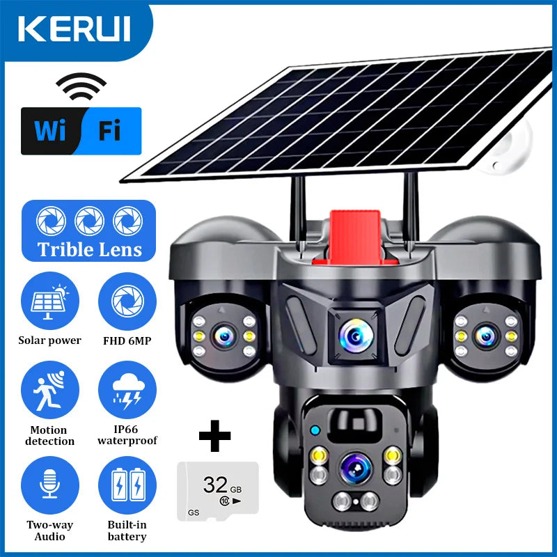 KERUI V380 Pro Outdoor PTZ 6MP WIFI 4G Solar Camera Home Security Triple Lens Camera Solar Panel CCTV Video Surveillance