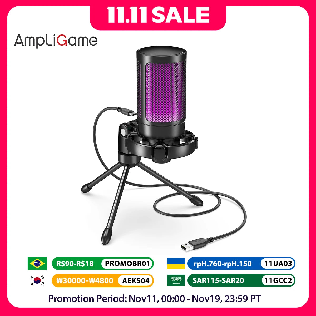 AmpliGame by FIFINE RGB USB Gaming Microphone with Light-touch Mute,Condenser Mic with Tripod for PC,PS4/5,Laptop Streaming-A2