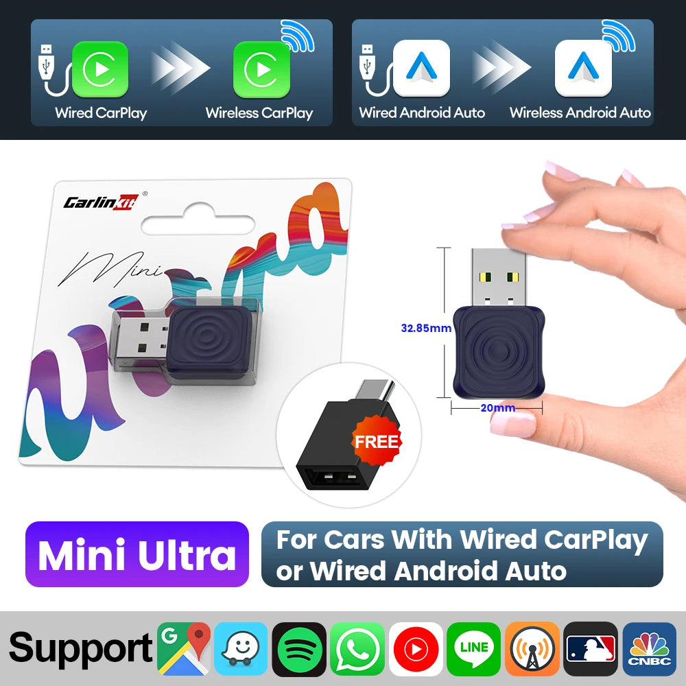 Carlinkit 5 2air Mini Ultra Wireless CarPlay Android Auto Wireless Box 2in 1 Adapter 2-Channel Work Waze Spotify 5.8Ghz WiFi GPS