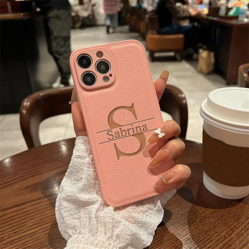 Personalized Customized Initials Name Case For iPhone 17 16 15 14 13 12 11 Pro Max Plus Big Letter Laser Engraving Leather Cover