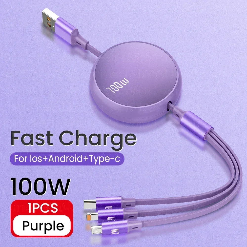 6A 100W 3 in 1 Fast USB Cable for Huawei/Honor Retractable Portable 3 in 1 Micro USB Type C Charger Cable For iPhone Samsung