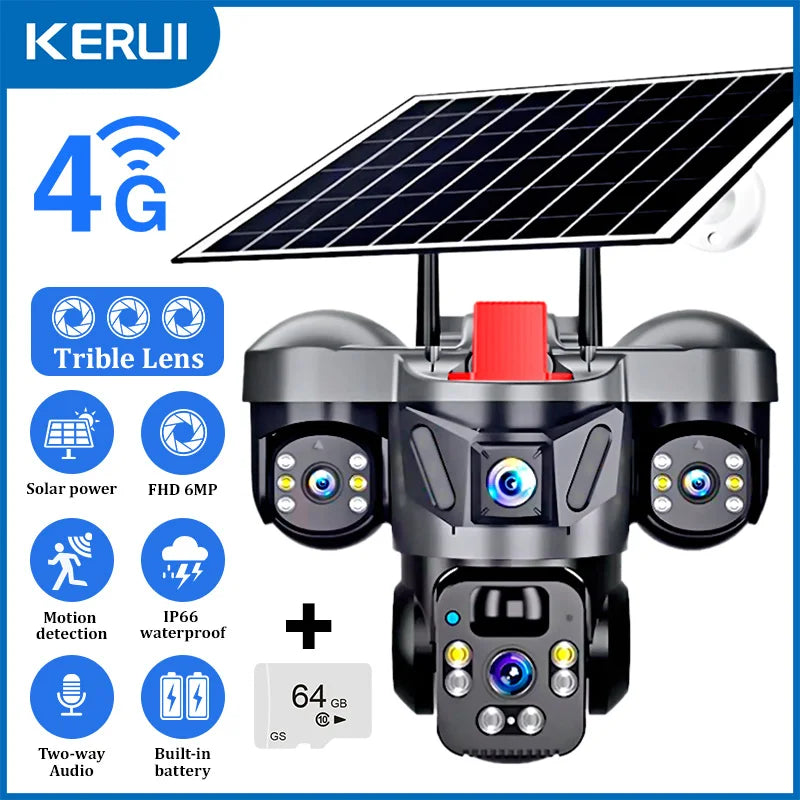 KERUI V380 Pro Outdoor PTZ 6MP WIFI 4G Solar Camera Home Security Triple Lens Camera Solar Panel CCTV Video Surveillance