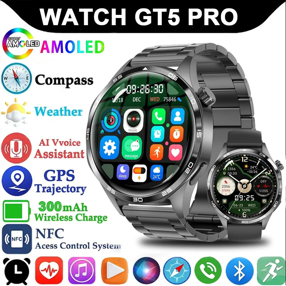 2025 New GT5 Pro GPS Track Smart Watch Men 360*360 AMOLED Screen NFC BT Call Waterproof Health Monitor Man Smartwatches IOS