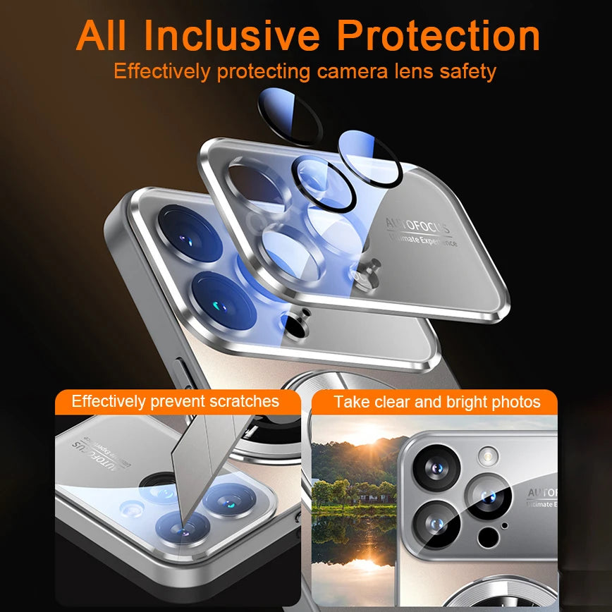 Luxury Glass Camera For Magesafe Magnetic Wireless Charge Case For iPhone 11 12 13 14 15 16 17 Pro Max Air Plus Shockproof Cover