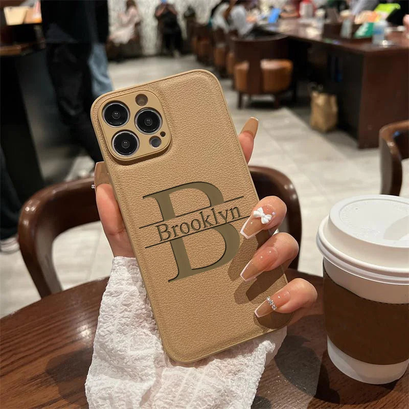 Personalized Customized Initials Name Case For iPhone 17 16 15 14 13 12 11 Pro Max Plus Big Letter Laser Engraving Leather Cover