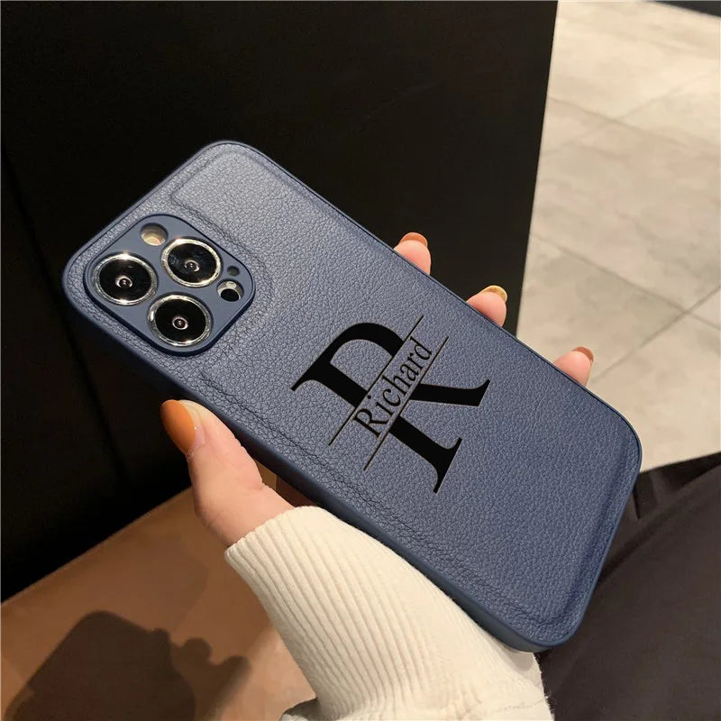 Personalized Customized Initials Name Case For iPhone 17 16 15 14 13 12 11 Pro Max Plus Big Letter Laser Engraving Leather Cover