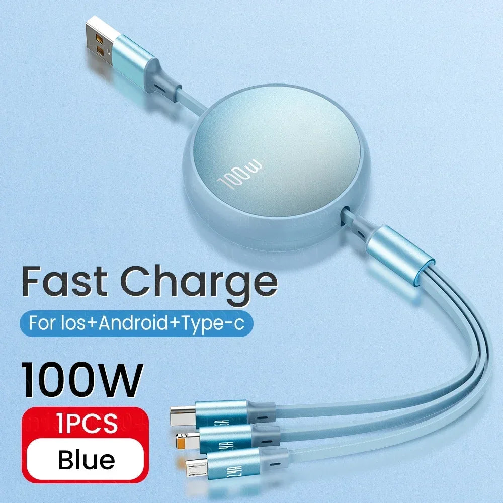 6A 100W 3 in 1 Fast USB Cable for Huawei/Honor Retractable Portable 3 in 1 Micro USB Type C Charger Cable For iPhone Samsung