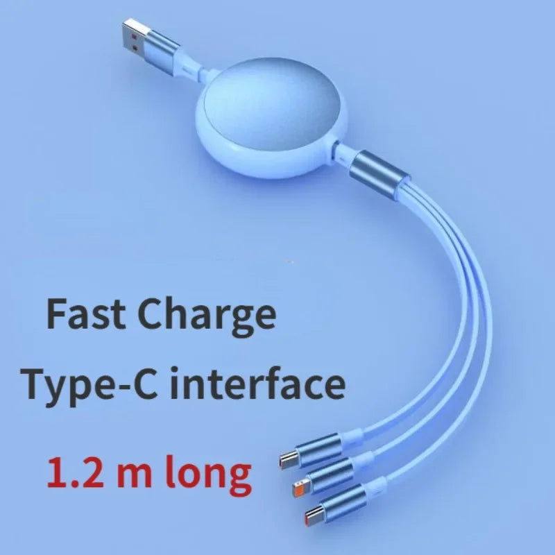 6A 100W 3 in 1 Fast USB Cable for Huawei/Honor Retractable Portable 3 in 1 Micro USB Type C Charger Cable For iPhone Samsung
