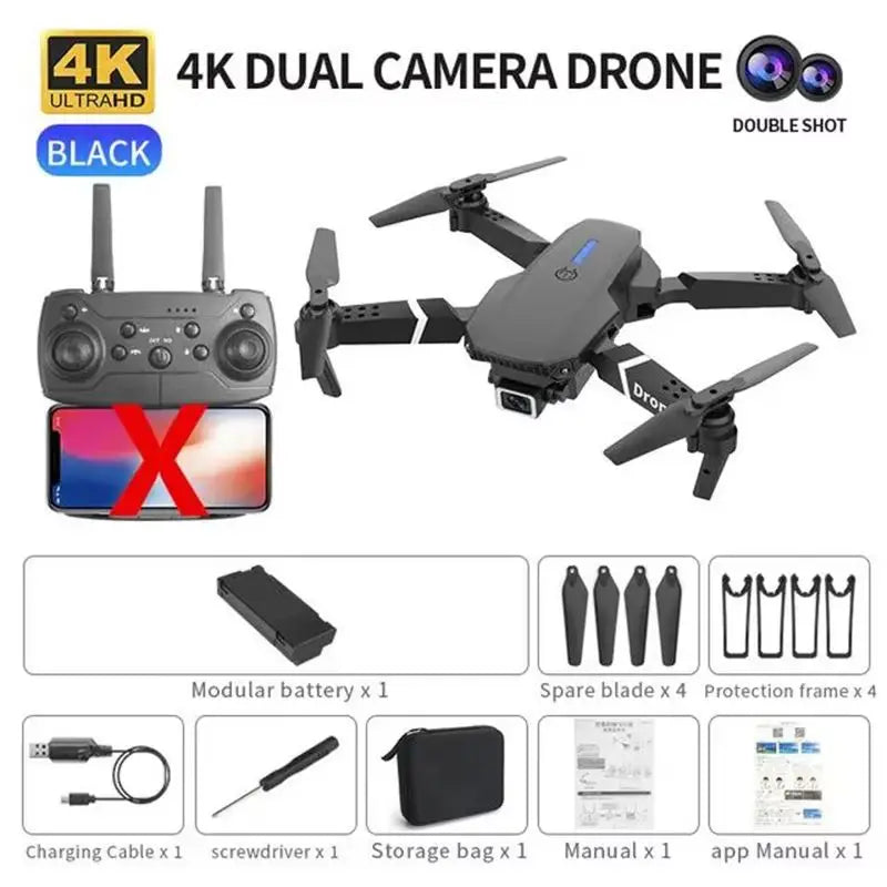 E88 Pro WiFi FPV Drone. Wide-angle HD 4K/1080P camera, height hold, foldable. Ideal RC quadcopter toy for Christmas boys gift.