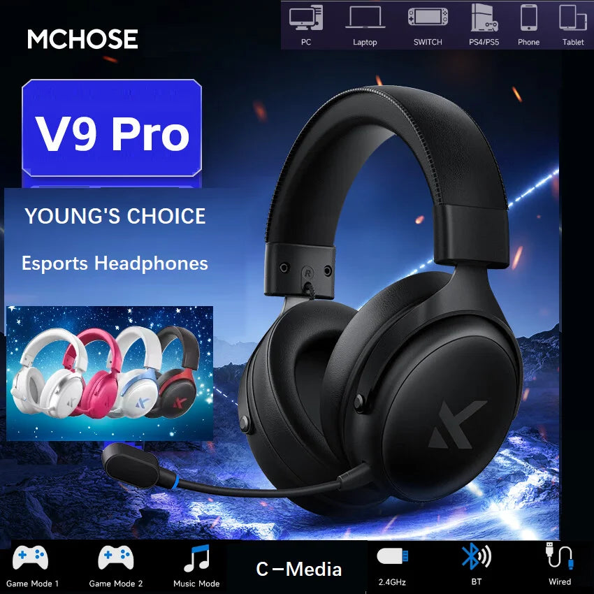 Original MCHOSE V9Pro Music Esports Gaming Headphones 3-mode Wireless Noise Reduction Mic Customized Head-mounted Pc Accessories