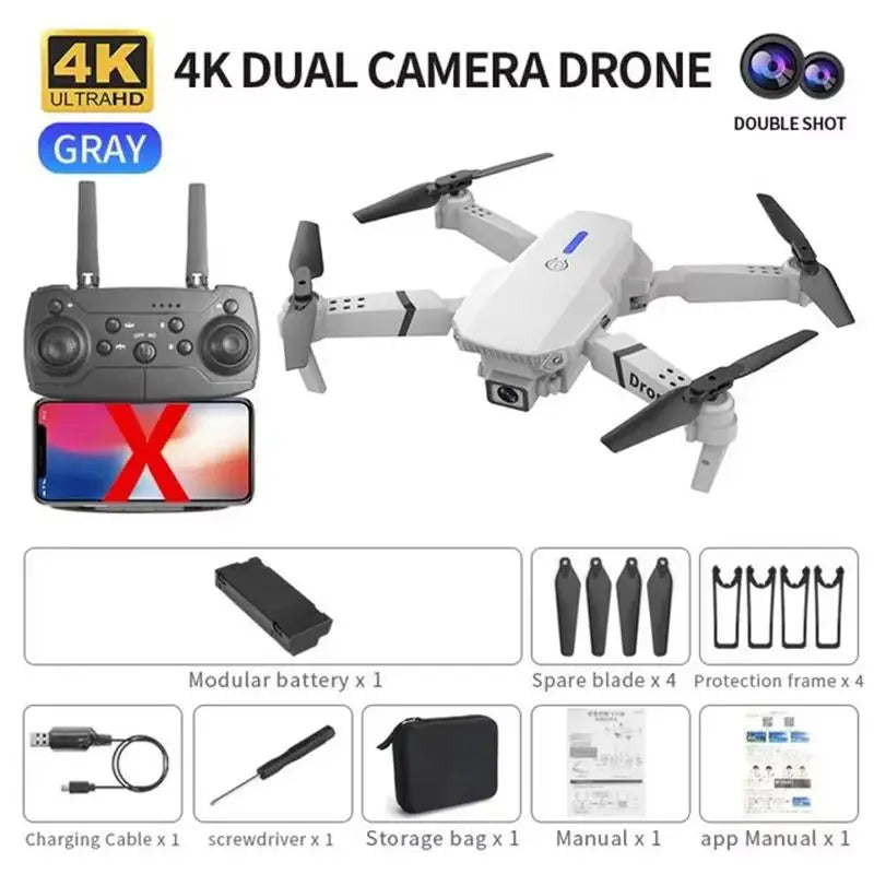 E88 Pro WiFi FPV Drone. Wide-angle HD 4K/1080P camera, height hold, foldable. Ideal RC quadcopter toy for Christmas boys gift.