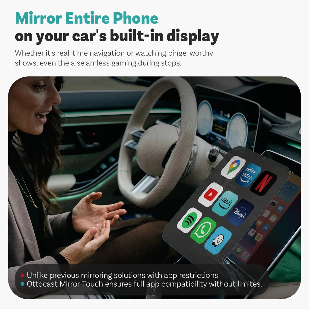 Ottocast Mirror Touch Wireless CarPlay Bi-Directional Control Car Accessories Video Box for iOS & Android Mirroring VW Audi Benz
