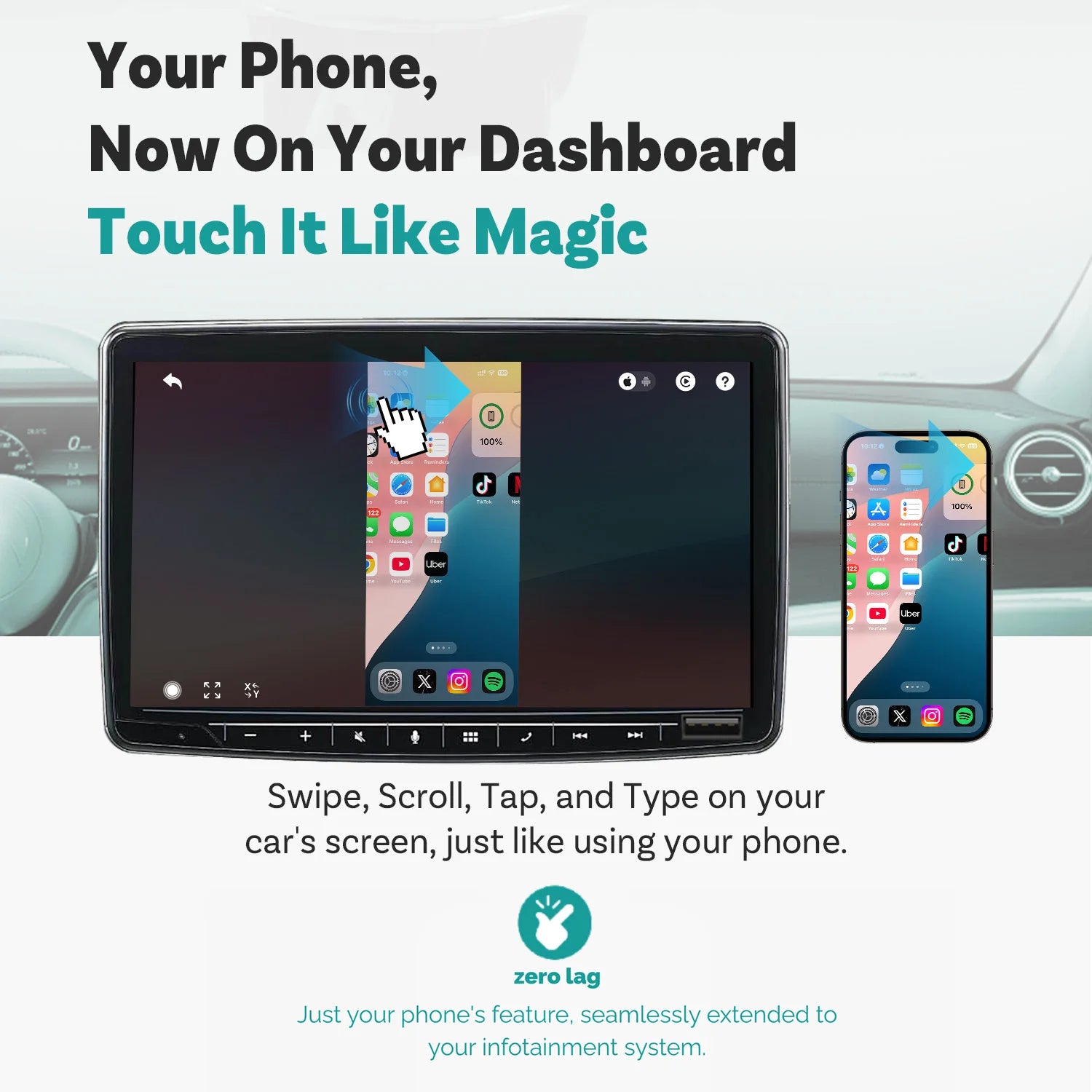 Ottocast Mirror Touch Wireless CarPlay Bi-Directional Control Car Accessories Video Box for iOS & Android Mirroring VW Audi Benz