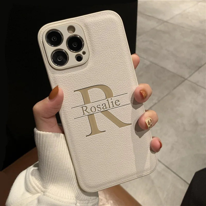 Personalized Customized Initials Name Case For iPhone 17 16 15 14 13 12 11 Pro Max Plus Big Letter Laser Engraving Leather Cover