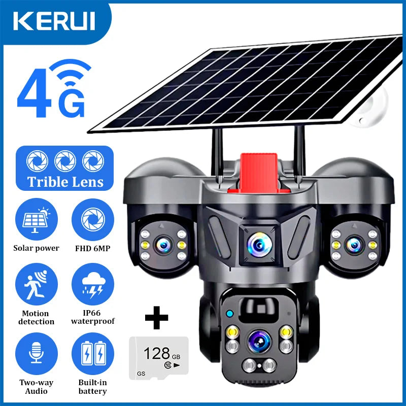 KERUI V380 Pro Outdoor PTZ 6MP WIFI 4G Solar Camera Home Security Triple Lens Camera Solar Panel CCTV Video Surveillance