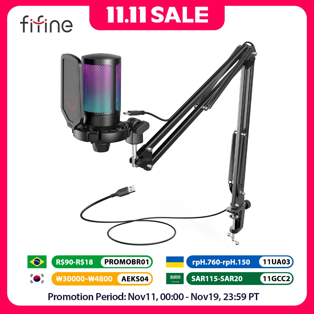 FIFINE USB Gaming Microphone Kit for PC,PS4/5 Condenser Cardioid Mic Set with Mute Button/RGB /Arm Stand,for Streaming Video-A6T
