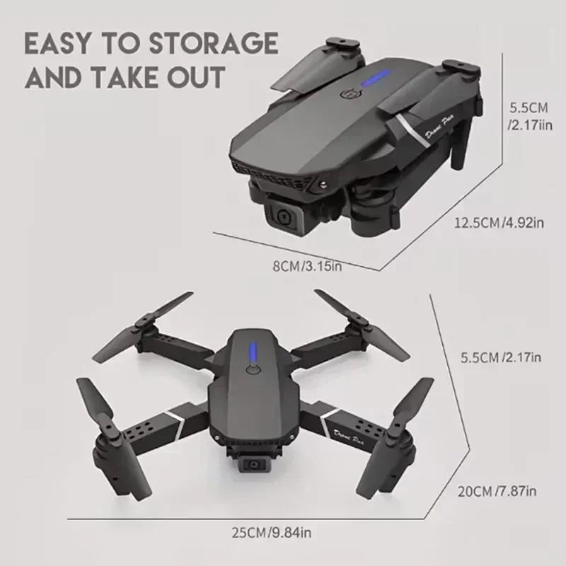 E88 Pro WiFi FPV Drone. Wide-angle HD 4K/1080P camera, height hold, foldable. Ideal RC quadcopter toy for Christmas boys gift.