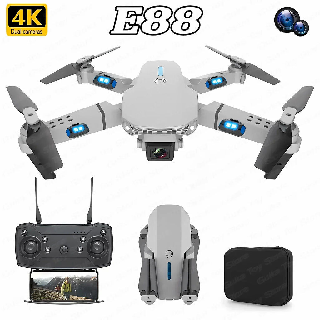 E88 Pro WiFi FPV Drone. Wide-angle HD 4K/1080P camera, height hold, foldable. Ideal RC quadcopter toy for Christmas boys gift.
