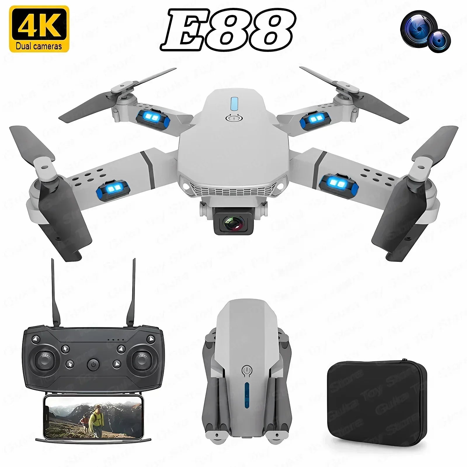 E88 Pro WiFi FPV Drone. Wide-angle HD 4K/1080P camera, height hold, foldable. Ideal RC quadcopter toy for Christmas boys gift.