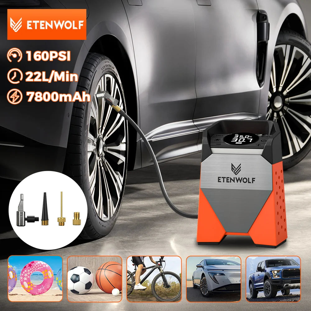 ETENWOLF ZEPHYR S3C Portable Air Compressor 100% Duty Cycle Car Tire Inflator 7800mAh for Cars, Motorcycles, Bicycles Balls