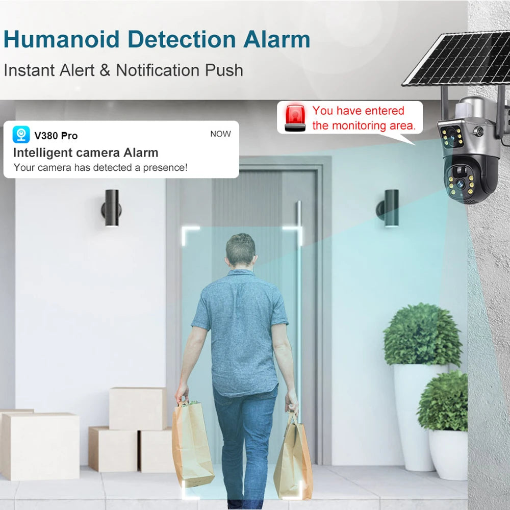 4G / WiFi Solar Camera Dual Lenses Outdoor 8MP 4K Low Power Battery IP Camera PIR Night Vision V380 Pro CCTV Security Protection