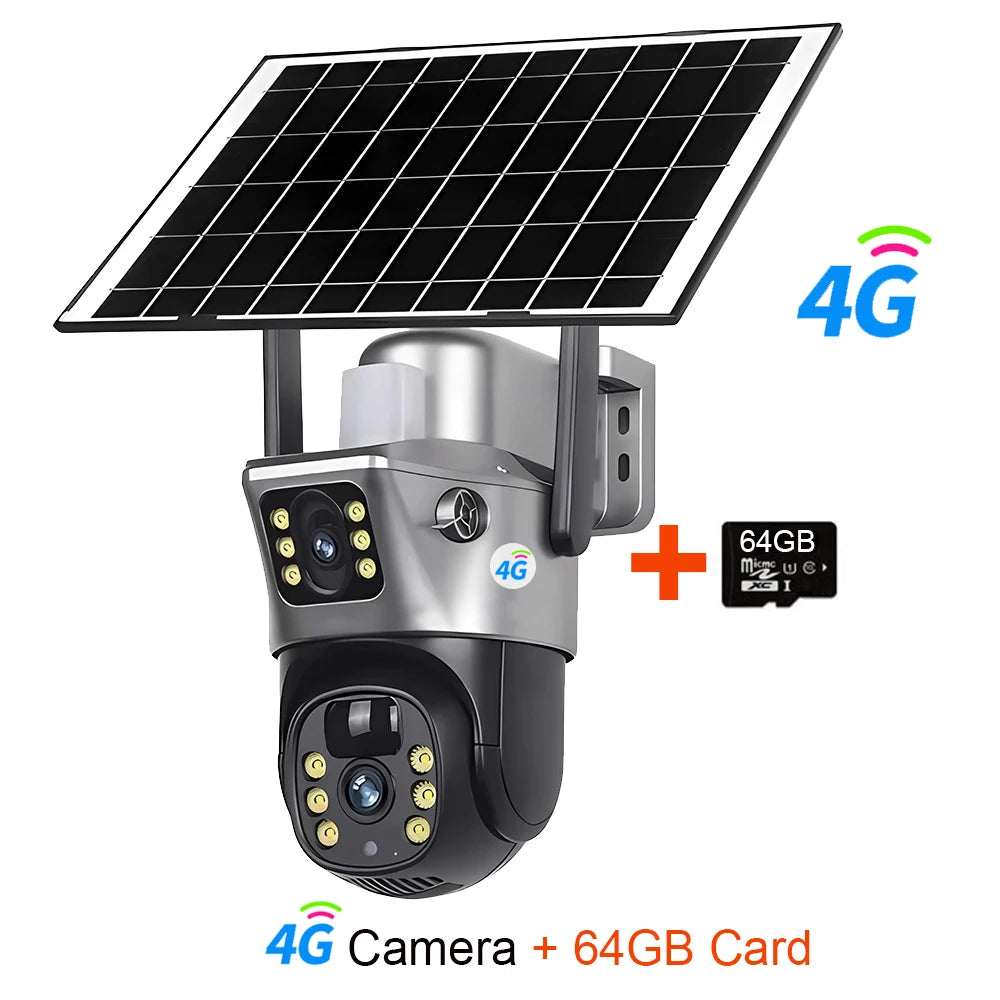 4G / WiFi Solar Camera Dual Lenses Outdoor 8MP 4K Low Power Battery IP Camera PIR Night Vision V380 Pro CCTV Security Protection